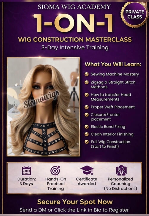 STOP Struggling With Wig Making… Learn It The RIGHT Way in 3 Days. Ready to go from confused to confident wig maker? This is your chance to get 1-on-1 access to learn professional wig construction from start to finish. At SIOMA Wig Academy, you won’t jus