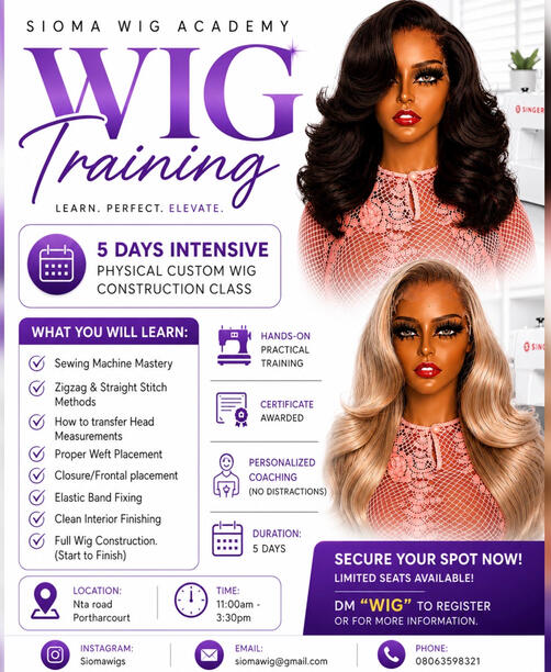 PERSONALIZED 1 on 1 WIG CONSTRUCTION CLASS STOP Struggling With Wig Making… Learn It The RIGHT Way in 5 Days. Ready to go from confused to confident wig maker? This is your chance to get 1-on-1 access to learn professional wig construction from start to finish. At SIOMA Wig Academy, you won’t jus